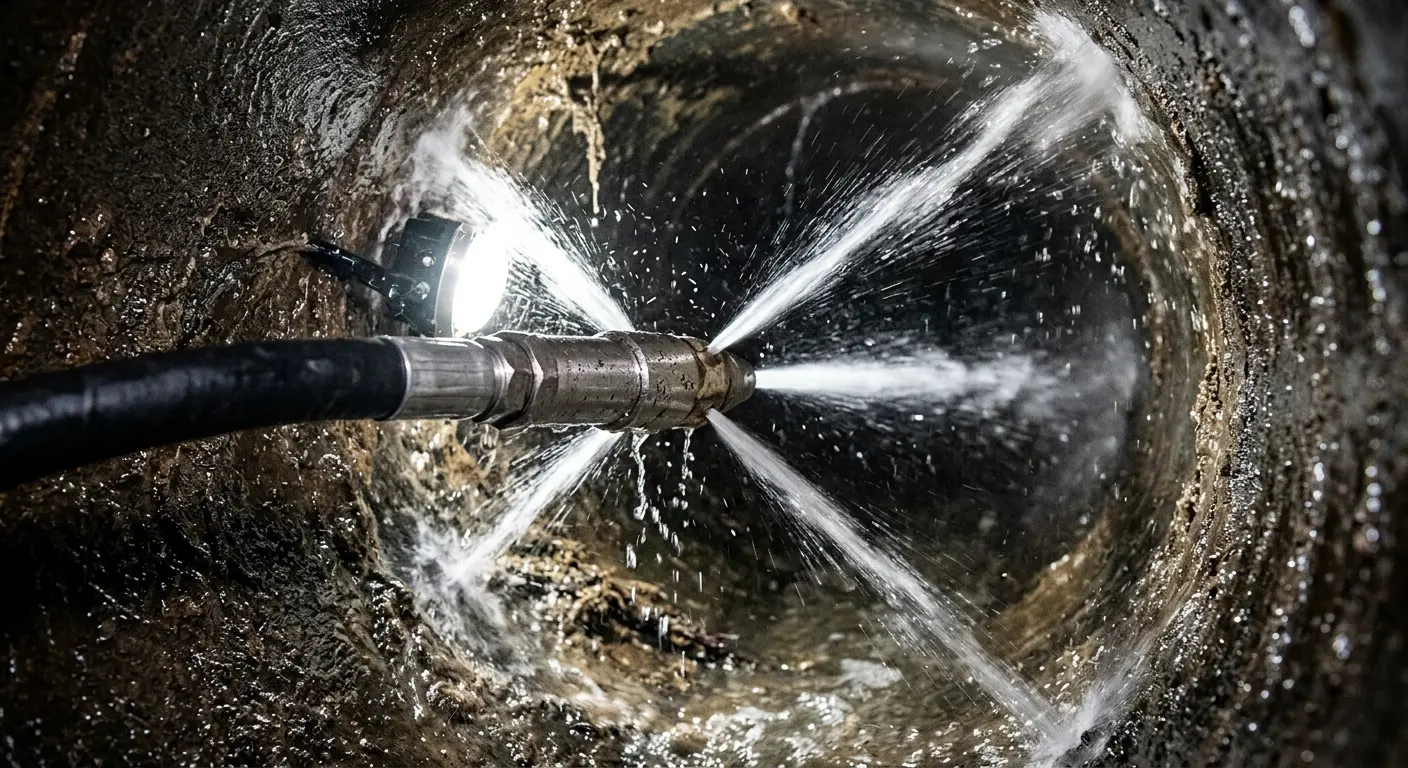High-pressure hydro jetting nozzle cleaning sewer pipe for Trenchless Sewer Repair in Salisbury