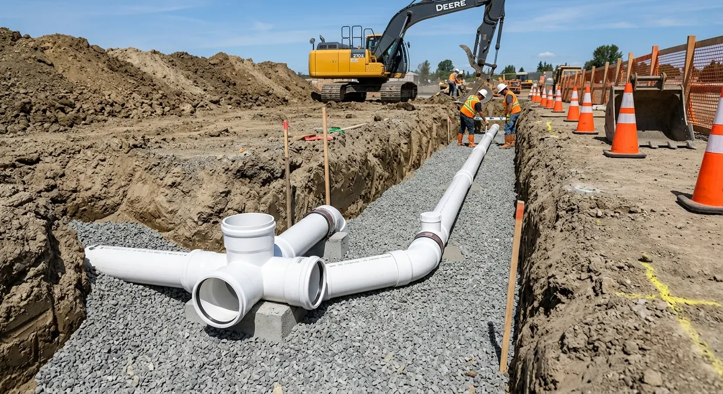 New PVC sewer pipe installation in open trench for Commercial Drain Cleaning in Salisbury